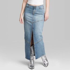 WILD FABLE Mid-Rise Chevron Denim Maxi Skirt Sz‎ 6 Long Blue Jean Slit Skirt NWT